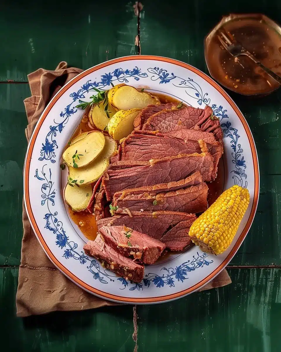 Delicious Crock Pot Corned Beef Brisket served with vegetables