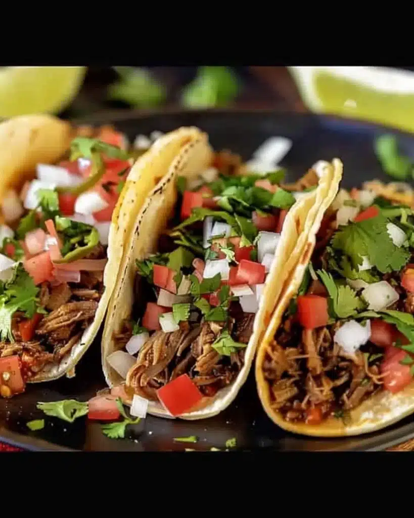 Crock Pot street tacos served with fresh toppings and garnishes