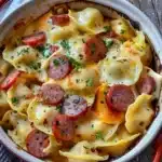 Delicious Crockpot Pierogi Casserole with Kielbasa served in a bowl