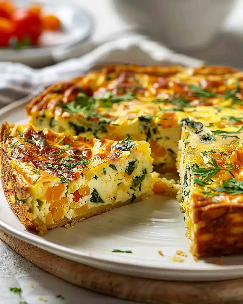 Delicious and healthy crustless quiche with fresh vegetables and cheese