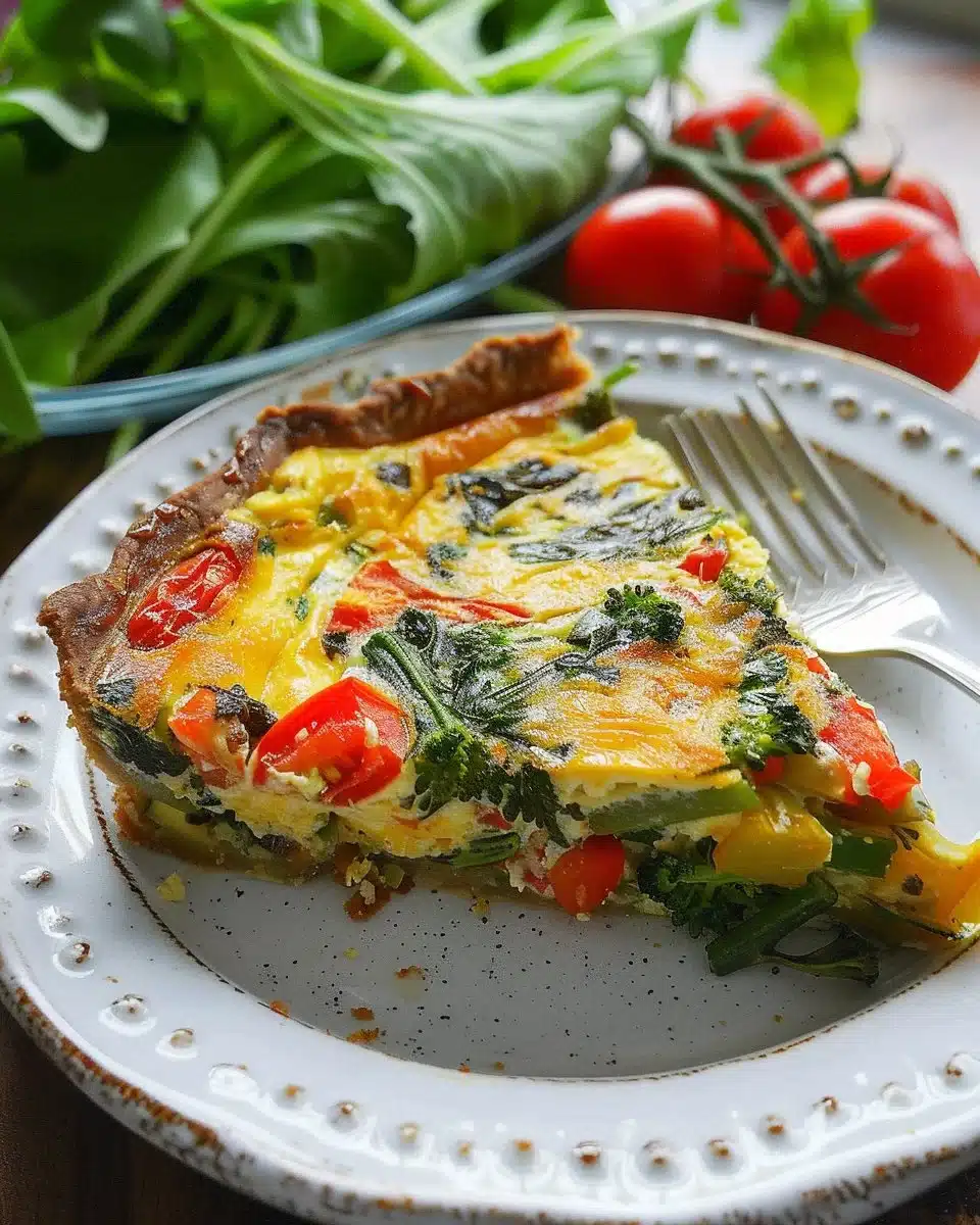 Delicious crustless veggie quiche filled with fresh vegetables and herbs.