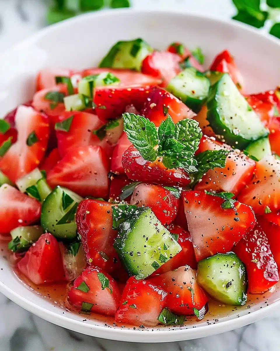 Fresh Cucumber Strawberry Salad with vibrant ingredients and a flavorful dressing.
