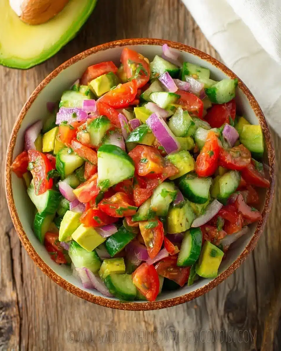 Fresh Cucumber Tomato Avocado Salad with colorful vegetables