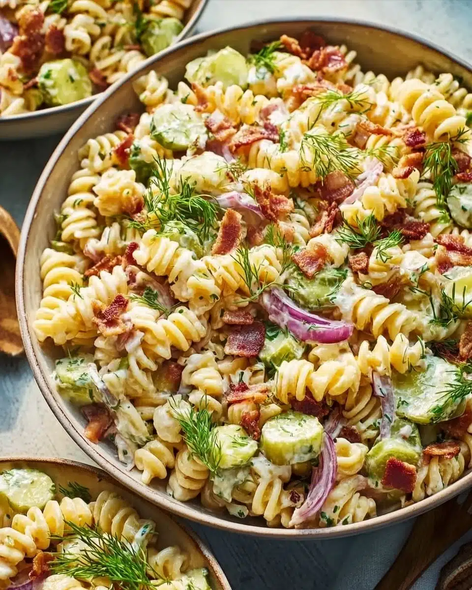 Dill Pickle Bacon Pasta Salad served in a colorful bowl