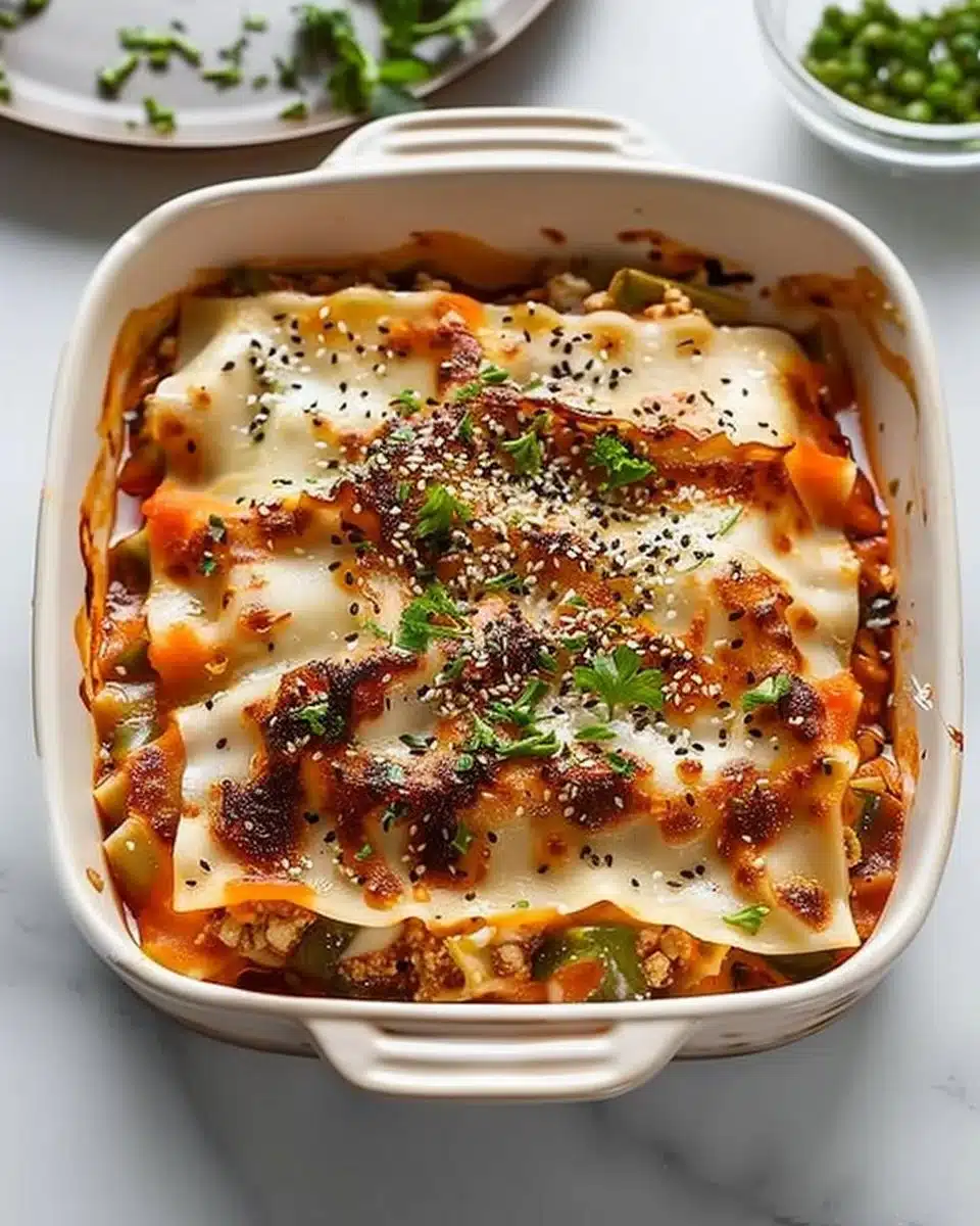 Delicious Dumpling Lasagna with layers of dumplings and cheese