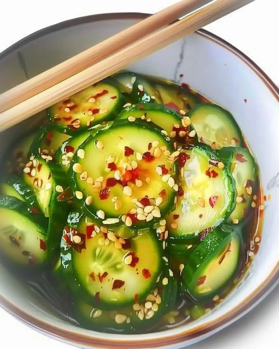 Bowl of easy Asian cucumber salad with fresh vegetables and dressing