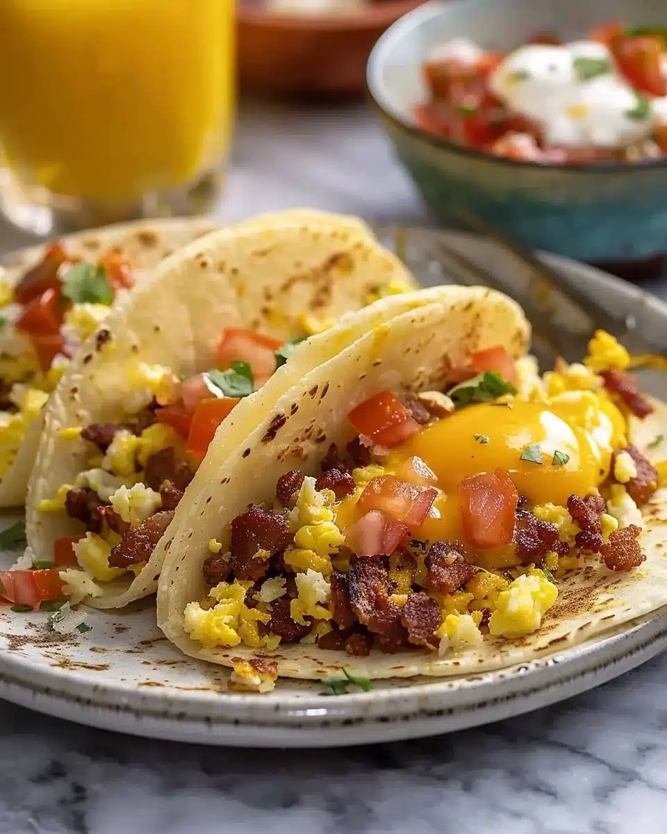 Easy baked breakfast tacos with eggs, cheese, and veggies in a crispy shell