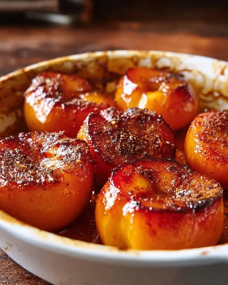 Baked nectarines topped with cinnamon honey sauce on a plate