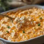 Bowl of Easy Cottage Cheese Buffalo Chicken Dip served with tortilla chips