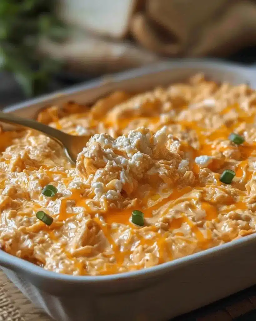 Bowl of Easy Cottage Cheese Buffalo Chicken Dip served with tortilla chips