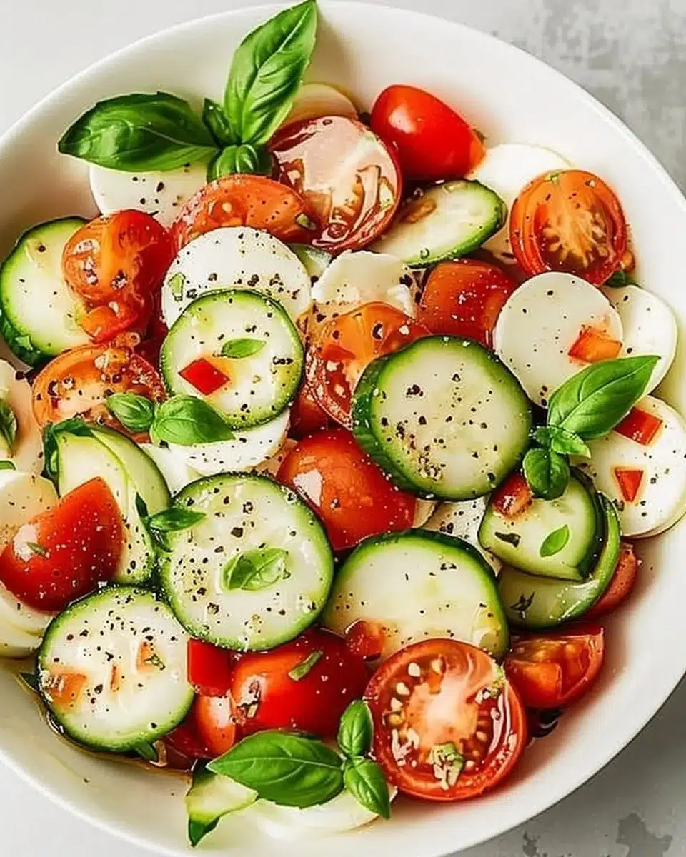 Easy Cucumber Caprese Salad with fresh tomatoes, basil, and mozzarella