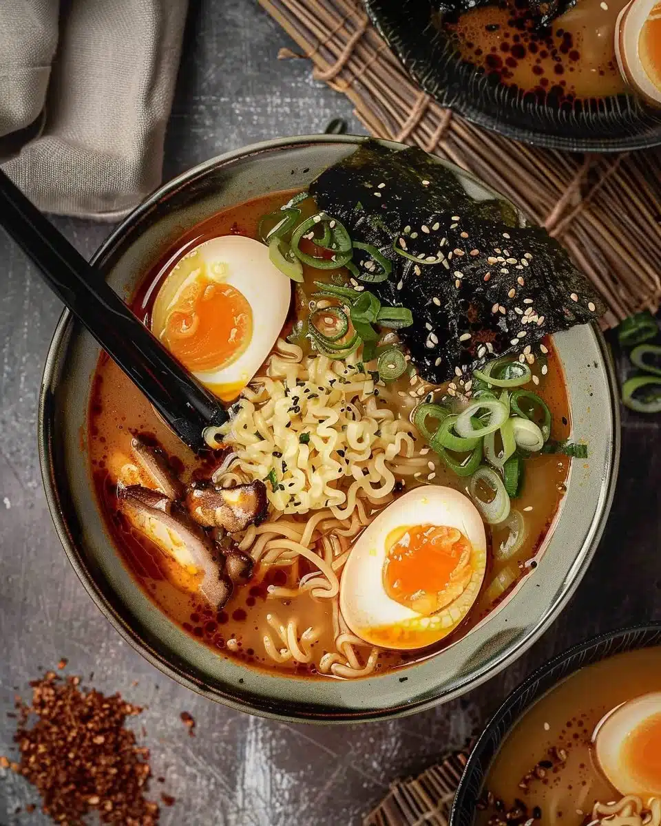 Bowl of easy miso ramen topped with green onions and soft-boiled egg