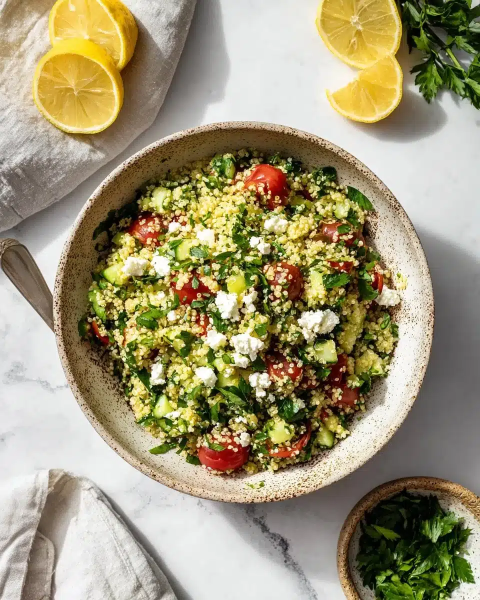 Colorful easy quinoa salad with fresh vegetables and dressing