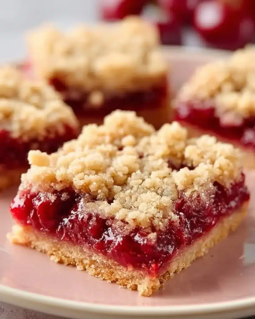 Delicious cherry crumble bars sliced on a plate ready to serve.