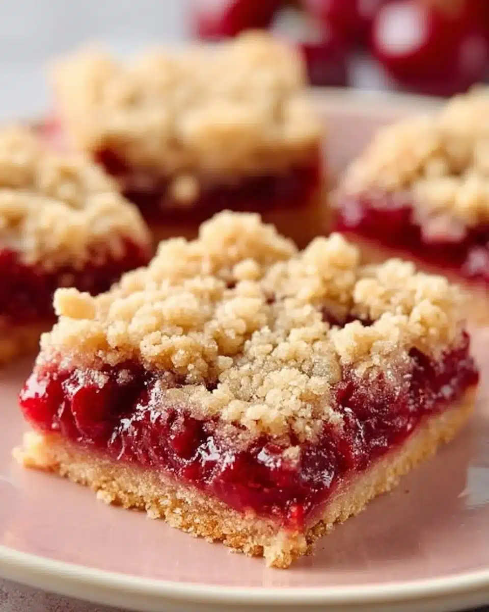 Delicious cherry crumble bars sliced on a plate ready to serve.
