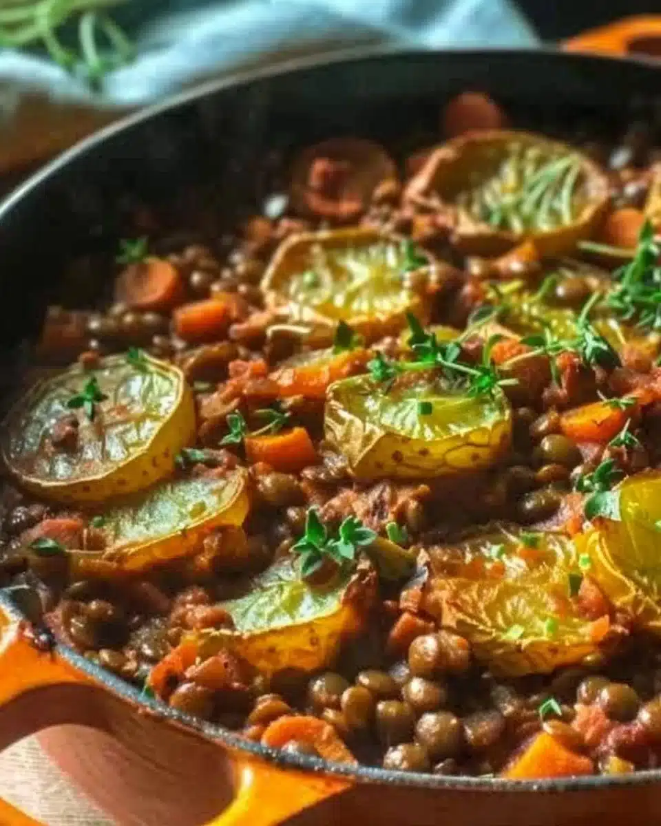 Delicious easy vegan hotpot with lentils and colorful vegetables