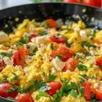 Delicious Mediterranean scrambled eggs with fresh vegetables and herbs