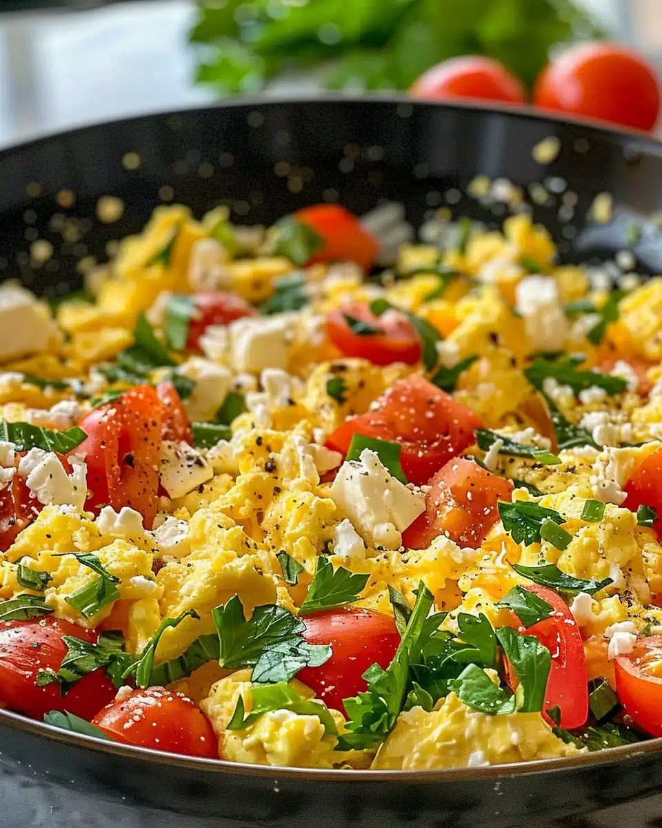 Delicious Mediterranean scrambled eggs with fresh vegetables and herbs
