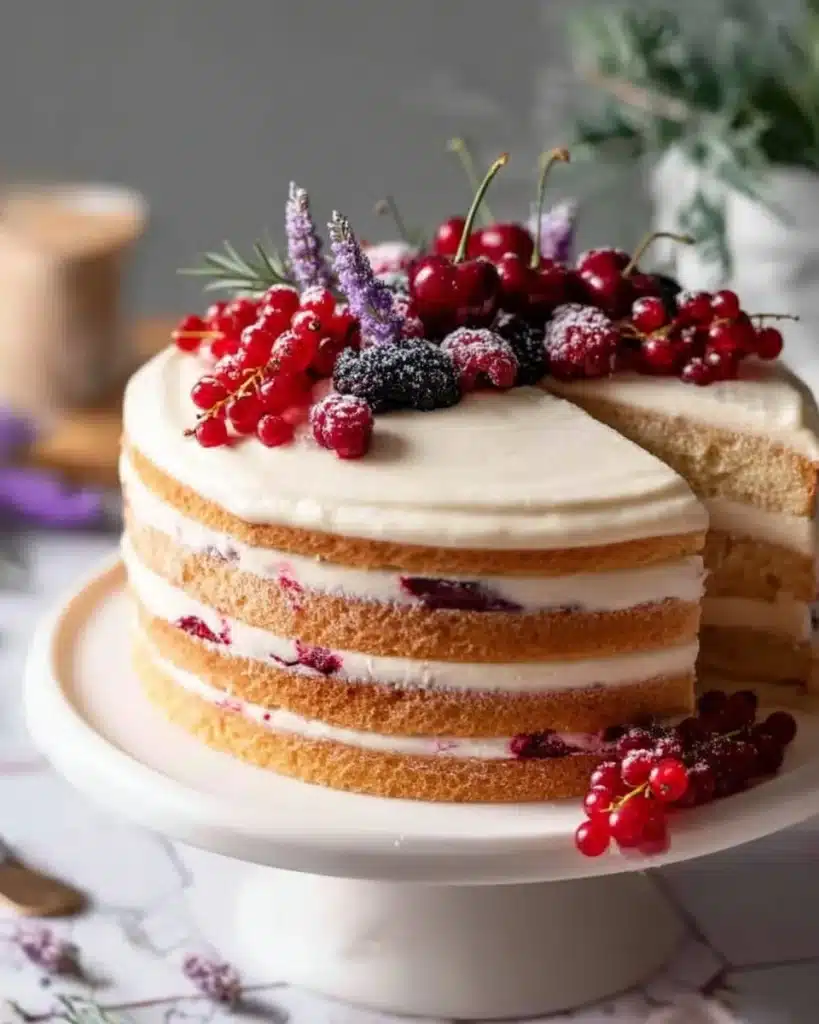 Delicious fresh cherry cake topped with vibrant cherries on a rustic table.