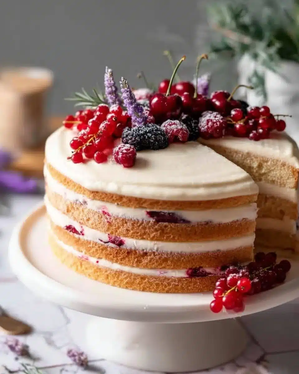 Delicious fresh cherry cake topped with vibrant cherries on a rustic table.