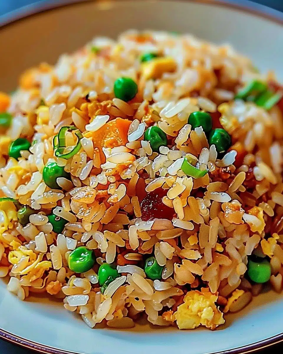 A colorful plate of fried rice with vegetables and proteins