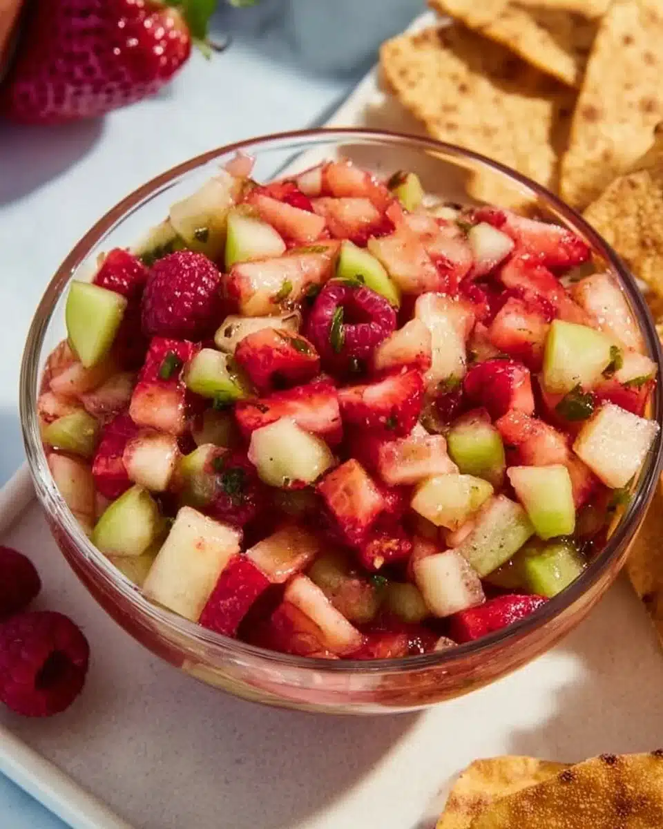 Fruit salsa served with cinnamon sugar tortilla chips for a delicious snack.