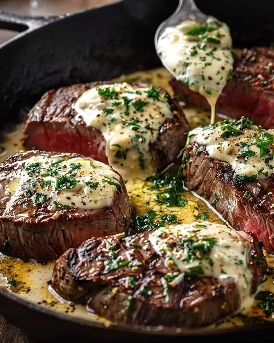 Delicious Garlic Butter Steaks topped with Creamy Parmesan Sauce on a plate.
