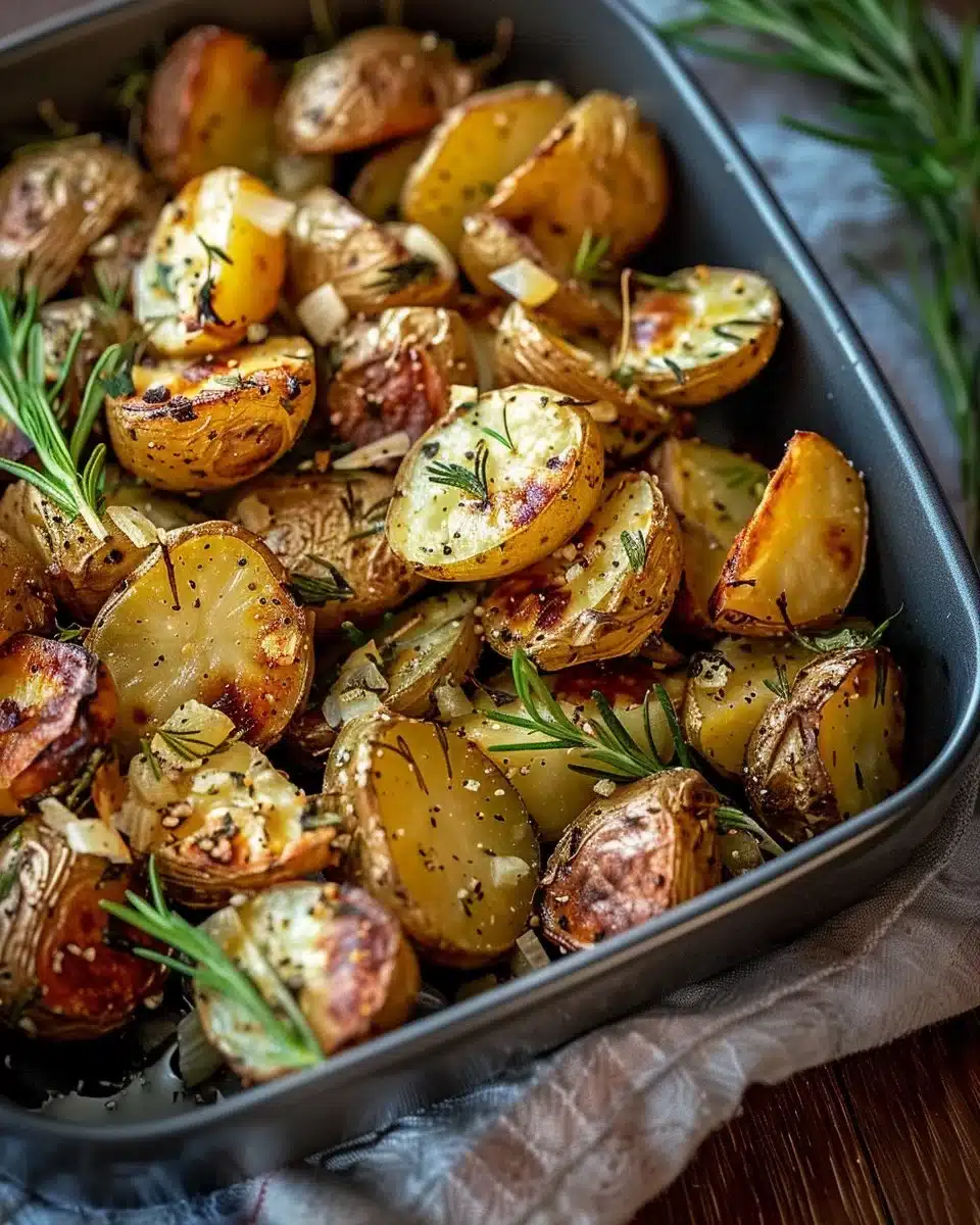 Plate of Garlic Herb Roasted Potatoes garnished with fresh herbs