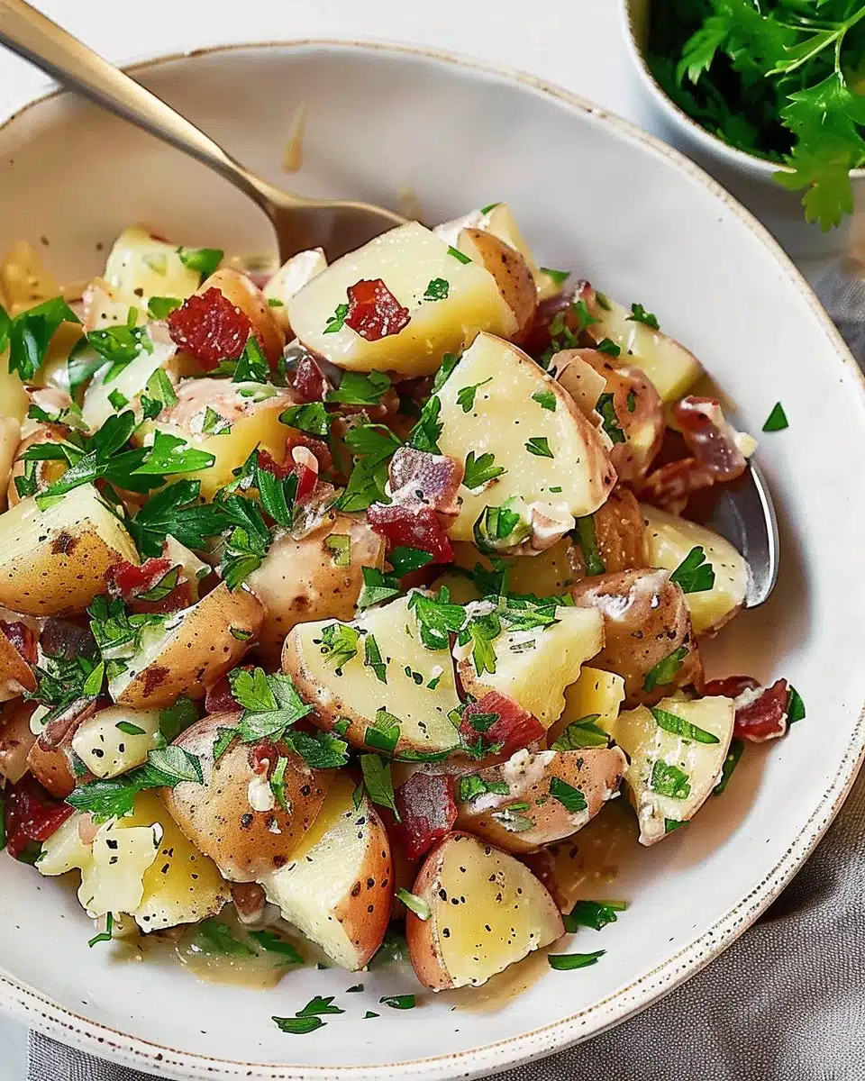 Traditional German Potato Salad served in a bowl with herbs and spices.