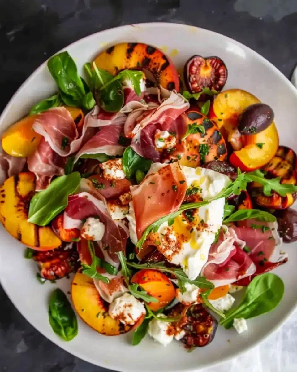 Grilled nectarine burrata prosciutto salad with vibrant colors and fresh ingredients