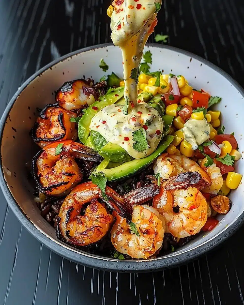 Grilled shrimp bowl with avocado, corn salsa, and creamy garlic sauce