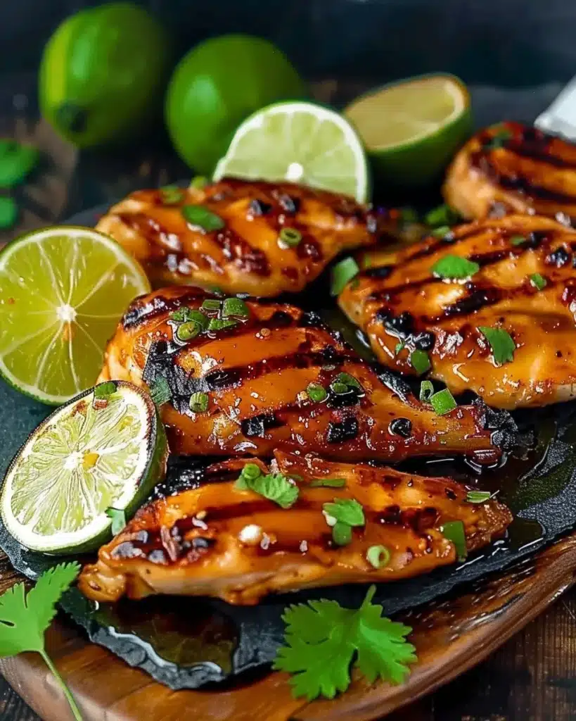 Grilled spicy honey lime chicken on a barbecue grill garnished with lime slices