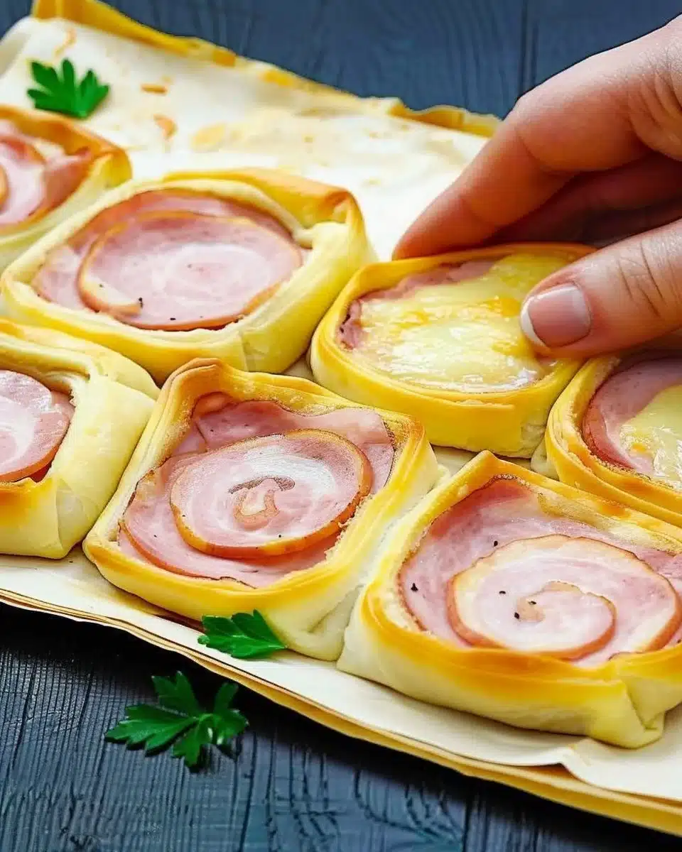 Ham and cheese puff pastry pinwheels on a serving platter