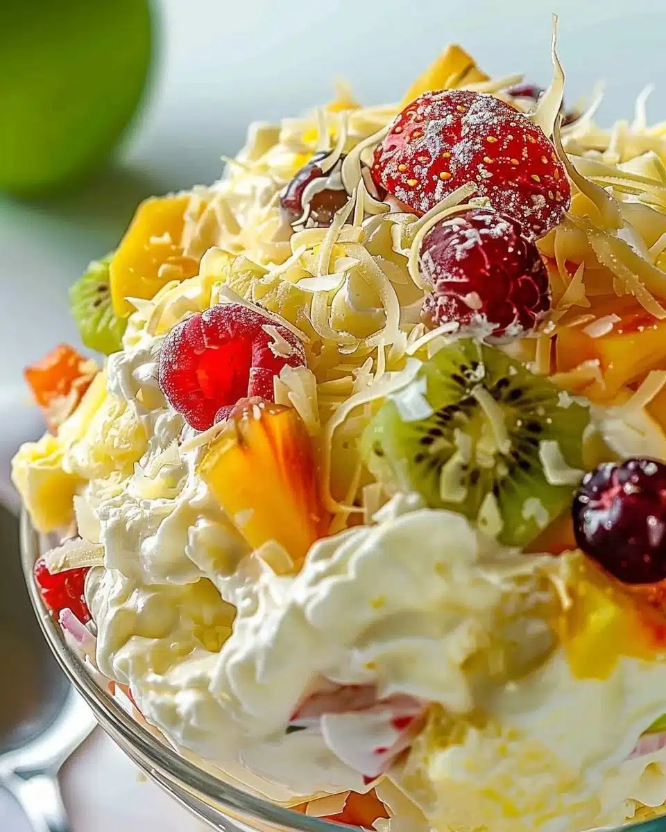 Delicious Hawaiian Cheesecake Salad with tropical fruits and creamy cheesecake