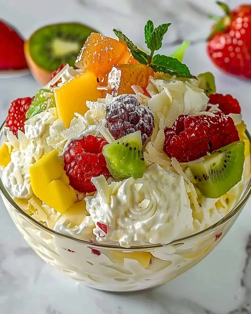 Delicious Hawaiian Cheesecake Salad with tropical fruits and creamy texture