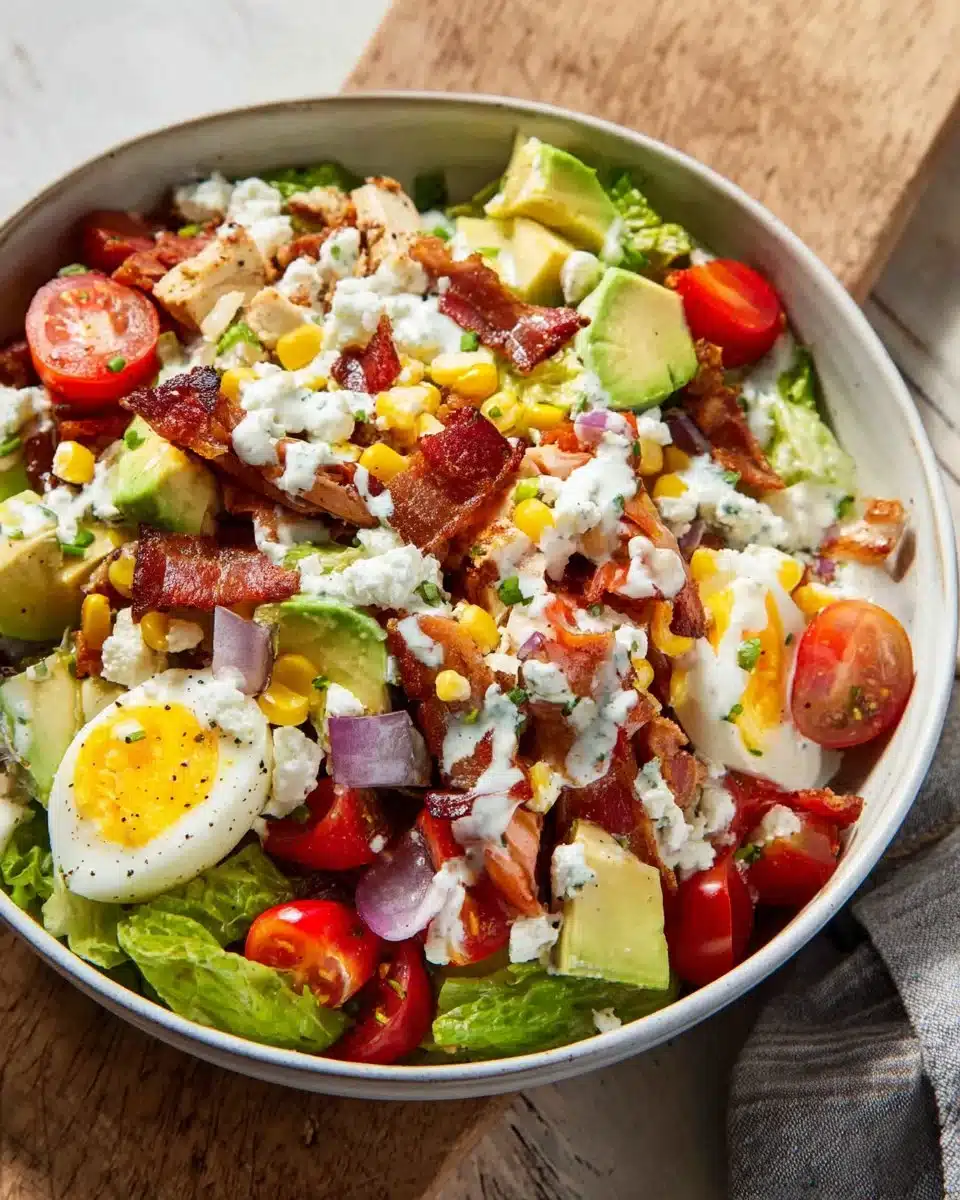 Healthy Chicken Cobb salad with fresh avocado and vegetables