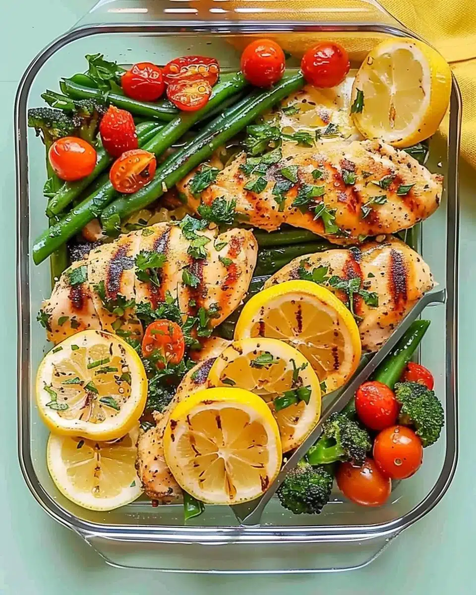 Healthy lemon garlic chicken meal prep bowl with vegetables and grains