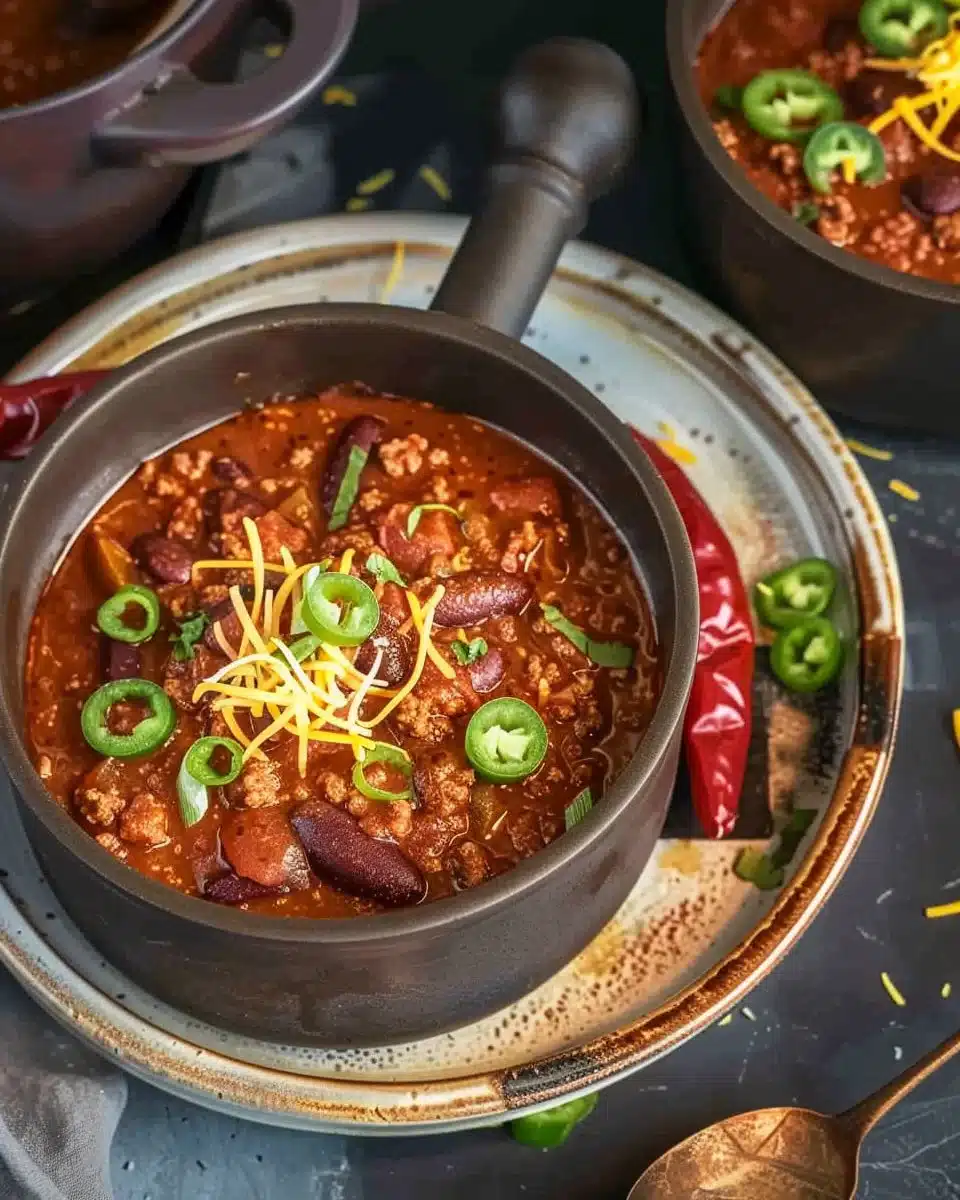 Bowl of hearty venison chili garnished with herbs and spices