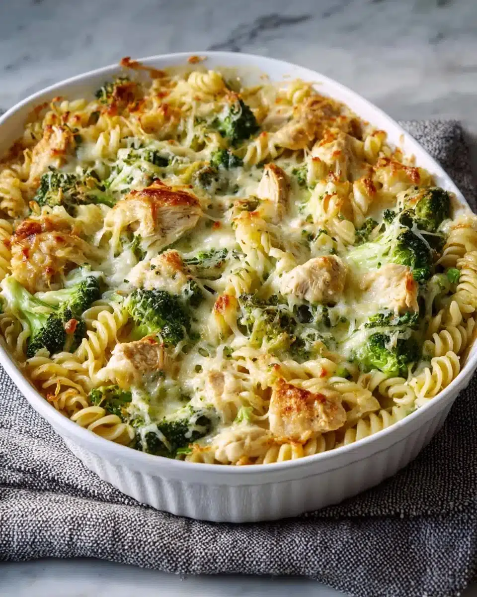 High Protein Alfredo Bake dish with creamy sauce and pasta