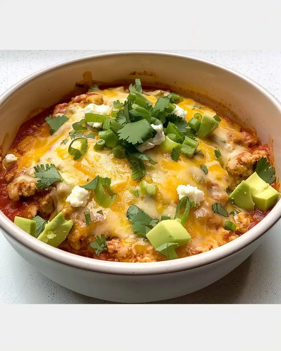 High Protein Cottage Cheese Enchilada Bowl topped with fresh ingredients