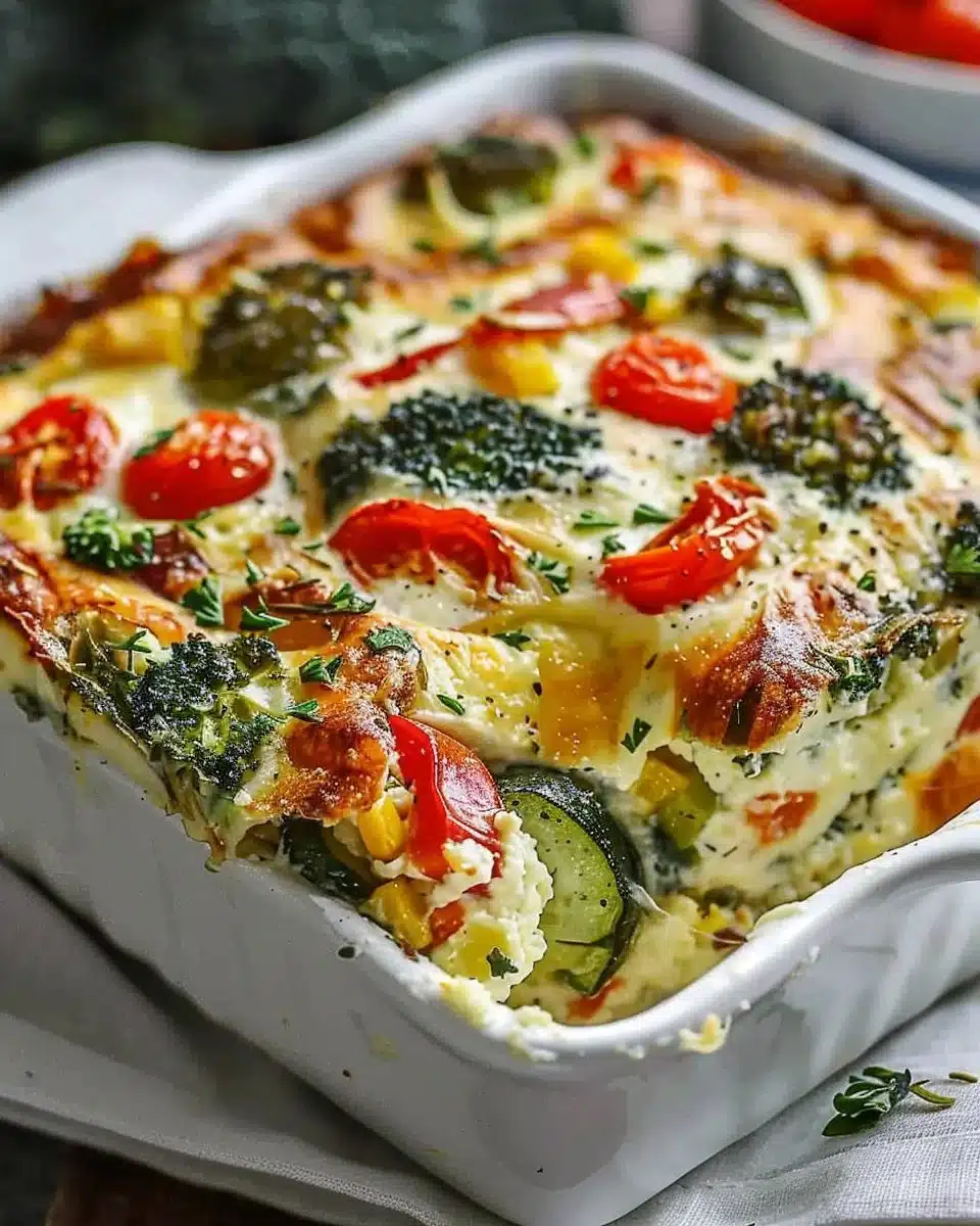 High-protein cottage cheese veggie bake served in a dish with colorful vegetables