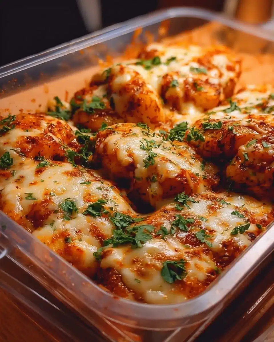 High protein creamy garlic chicken with cheesy potatoes on a plate