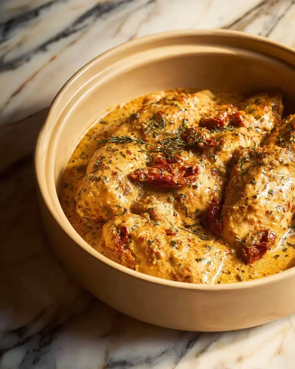 High Protein Crockpot Marry Me Chicken served on a plate with herbs
