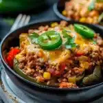 High protein unstuffed peppers served in a bowl with fresh herbs