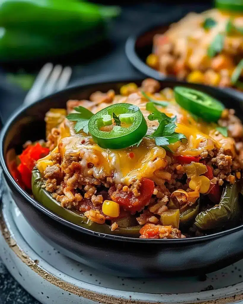 High protein unstuffed peppers served in a bowl with fresh herbs