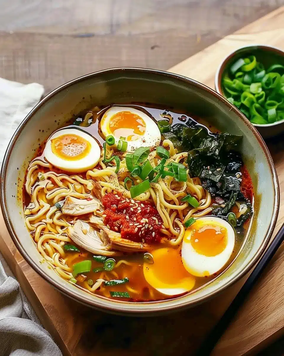 Bowl of homemade chicken ramen with toppings and broth