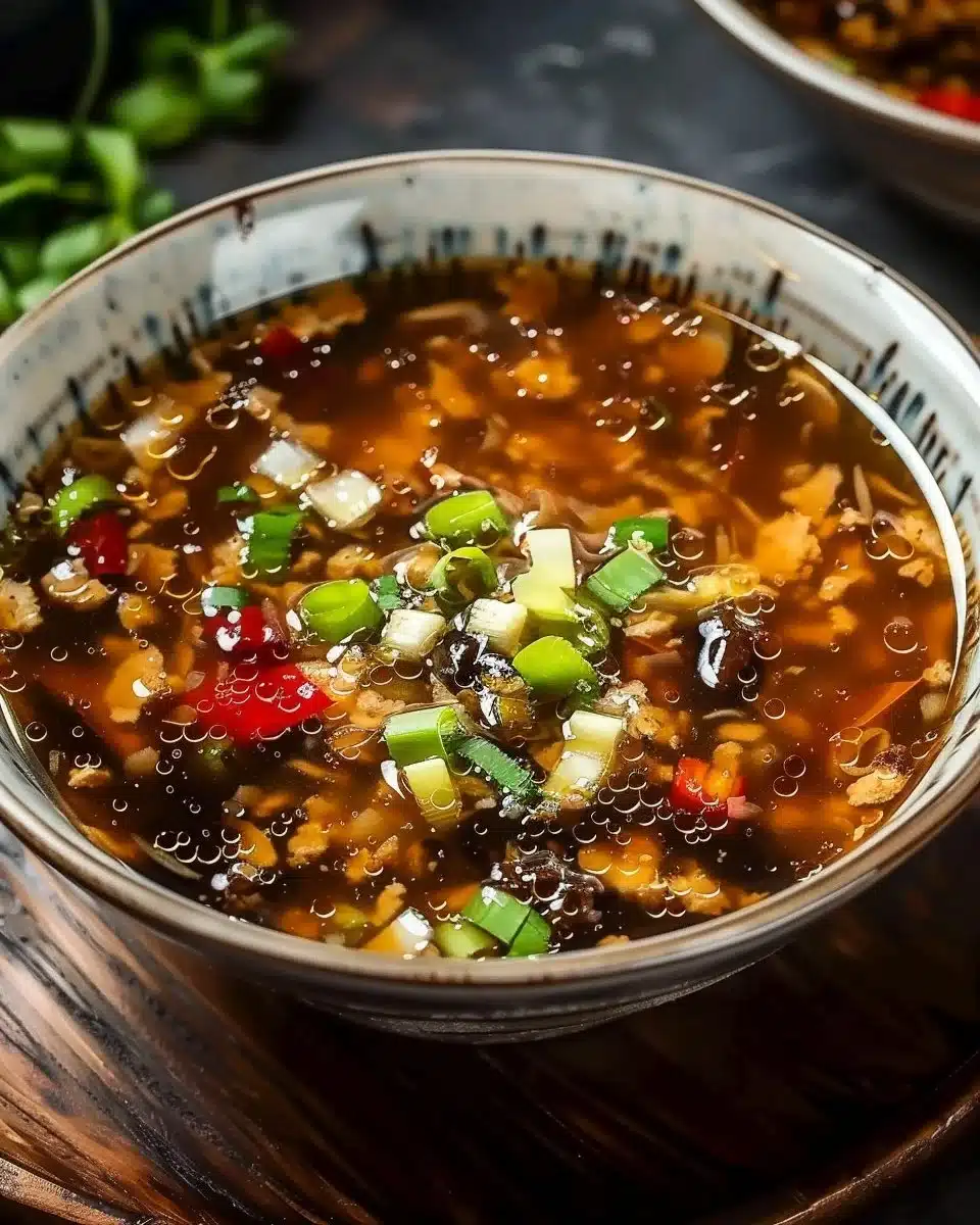 Bowl of homemade Chinese style hot and sour soup with fresh ingredients.