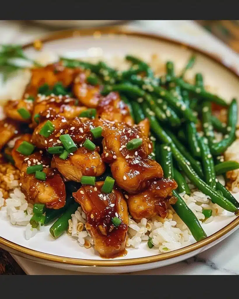 Delicious honey garlic chicken served with fresh green beans