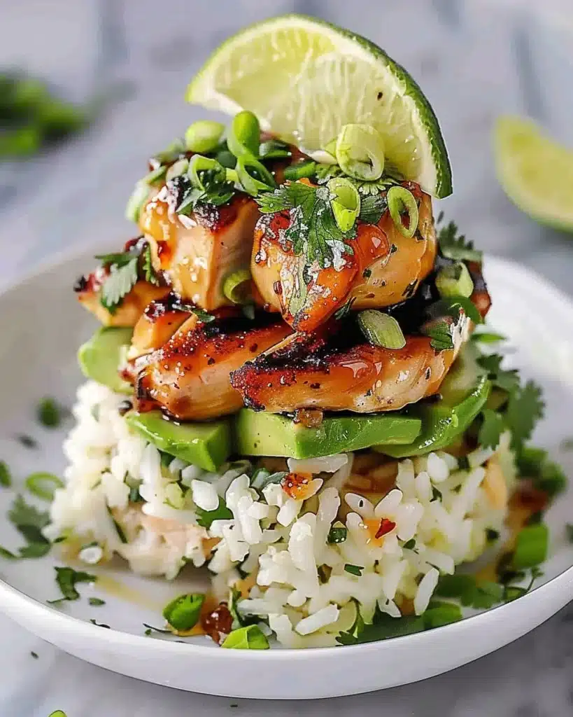 Honey Lime Chicken and Avocado Rice Stack plated beautifully.
