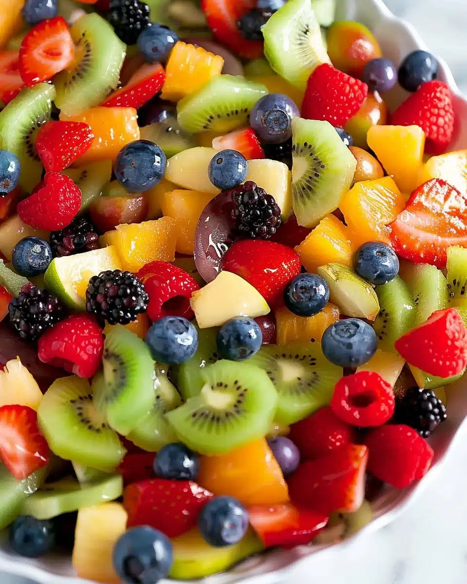 Honey Lime Rainbow Fruit Salad with colorful fresh fruits in a bowl